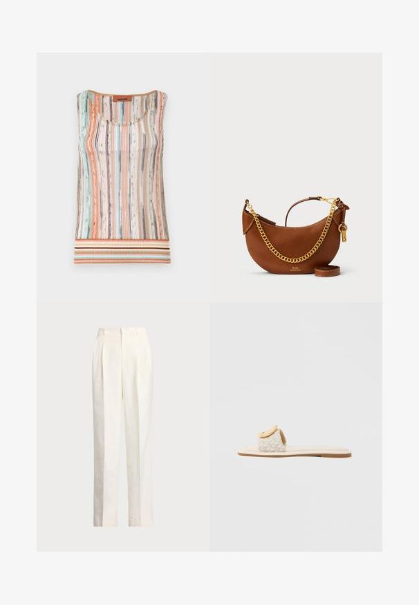 Gebreide mouwloze top met meerkleurige verticale strepen in pasteltinten, met een ronde halslijn en een gestreepte zoom in aardetinten.; Polo Ralph Lauren HEMP WIDE LEG PANT - Broek - nevis; Slide-sandaal met een beige band met een geometrisch patroon, een afgeronde gele accent op de bovenzijde en een platte, lichte zool.; Bruine leren handtas met een gebogen ontwerp, gouden schouderband, binnenzak en een afneembare schouderband. Heeft contrasterende stiksels.
