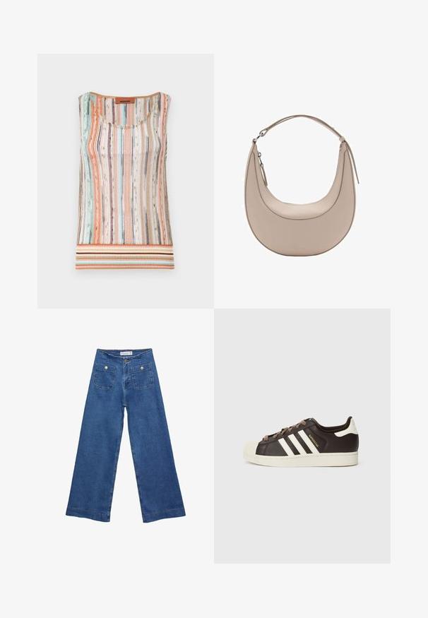 Top senza maniche lavorato a maglia con strisce verticali multicolori in tonalità pastello, con scollatura rotonda e orlo a righe in tonalità terrose.; Jeans in denim a gamba larga con un lavaggio blu medio, due tasche frontali con chiusura a bottone e dettagli cuciti lungo gli orli.; Sneaker Adidas Superstar low-top in pelle marrone scuro con punta a conchiglia crema, strisce bianche e scritta "Superstar" sul lato.; Borsa a spalla in pelle beige con forma a mezzaluna, texture liscia e un'unica maniglia curva. Presenta una chiusura con zip e cuciture curate.