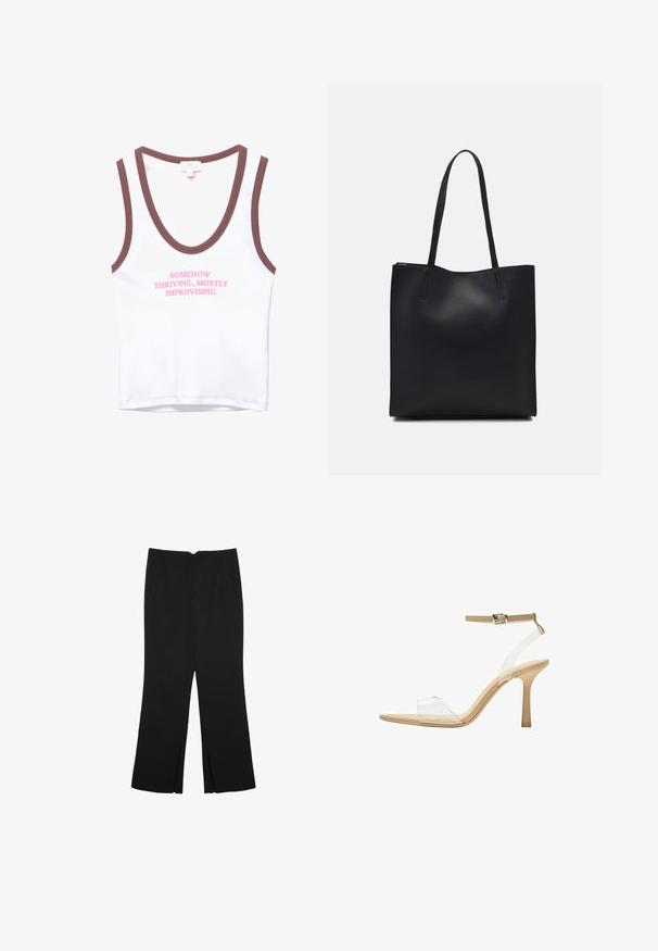 Biała bezrękawnik z brązowym wykończeniem, z różowym napisem "JAKOŚ NAPRAWDĘ DAJEMY RADE, GŁÓWNIE IMPROWIZUJEMY". Miękki materiał bawełniany, prosty wzór.; Czarne spodnie o prostym kroju, z przednimi kieszeniami i bocznymi rozcięciami na dole. Wykonane z miękkiego, gładkiego materiału. Odpowiednie na różne okazje.; Przezroczysta sandał z obcasem, z przezroczystą cholewką, beżową wkładką i smukłym paskiem w okolicy kostki. Posiada spiczasty czubek i cienki wysoki obcas.; Czarna skórzana torba tote o gładkiej fakturze, prostokątnym kształcie i dwóch długich uchwytach. Brak widocznych elementów metalowych i ozdób.