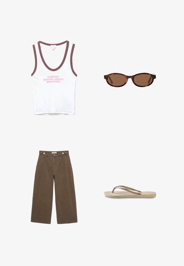 Weißes ärmelloses Top mit braunem Saum und pinkem Text, der "SOMEHOW THRIVING, MOSTLY IMPROVISING" liest. Weiches Baumwollmaterial, einfaches Design.; Braune weit geschnittene Hosen aus strapazierfähigem Stoff. Verfügt über zwei Fronttaschen, einen Knopfverschluss und eine lockere Passform mit glatter Textur.; Helle beige Flip-Flops mit strukturiertem Fußbett, flacher Sohle und dünnen, glänzenden Riemen. Mit subtiler Markenkennzeichnung auf dem Riemen.; Braun getönte Sonnenbrillen mit ovalen Rahmen, die ein Schildpattmuster aufweisen und breite Bügel haben. Glatte Textur und dezentes Branding-Detail an der Seite.; Dunkelgrüne Wildleder-Umhängetasche mit einem Reißverschluss oben, flacher Form, verstellbarem Tragegurt mit Perforationen und einer glatten, matten Textur.