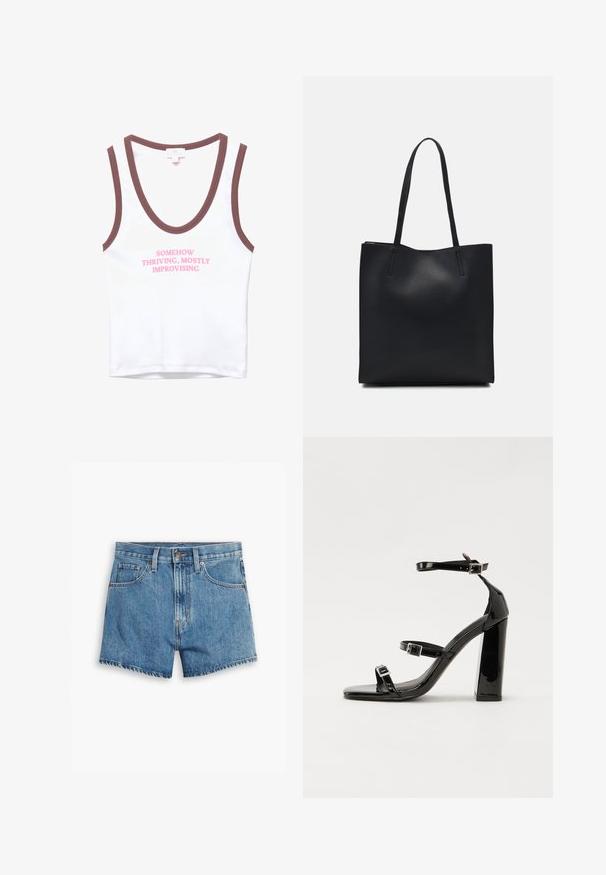 Fehér ujjatlan felső barna díszítéssel, rózsaszín felirattal, ami így szól: "VALAHOGY SIKERES, FŐLEG KÍSÉRLETEZVE." Puha pamut anyag, egyszerű dizájn.; Világoskék farmer rövidnadrág, öt zsebbel, cipzáros megoldással és gombos záródással. A szegélyt megkoptatták, és laza szabású dizájn jellemzi.; Fekete lakk magas sarkú szandál négyzet alakú orral, bokapántokkal és ezüst csatokat tartalmaz. Masszív blokk sarka a stabilitásért felel.; Fekete bőrtáska sima felszínnel, téglalap alakú, két hosszú füllel. Nincs látható fémkiegészítő vagy díszítés.