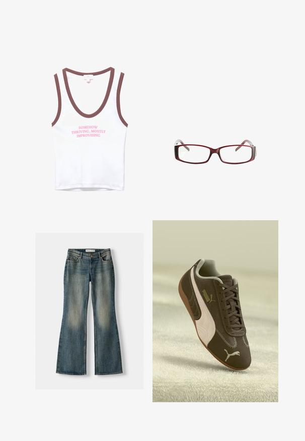 White sleeveless top with brown trim featuring pink text that reads “SOMEHOW THRIVING, MOSTLY IMPROVISING.” Soft cotton material, simple design.; Blue flared jeans with a faded wash, five pockets, and a button closure. Material shows a denim texture with subtle stitching details.; Brown Puma sneaker with beige stripe and logo, laced, resting on a textured beige surface.; Red rectangular eyeglasses with a sleek design. Clear lenses, slightly translucent temples, and a gradient effect from red to gray.; Tan leather handbag with two short handles, zip pocket, metal accents, and decorative side tassels. Soft texture with a slightly wrinkled finish.; Two gold rings are displayed, one thick and rounded, the other thin and flat. Both feature a smooth, shiny surface with a polished finish.
