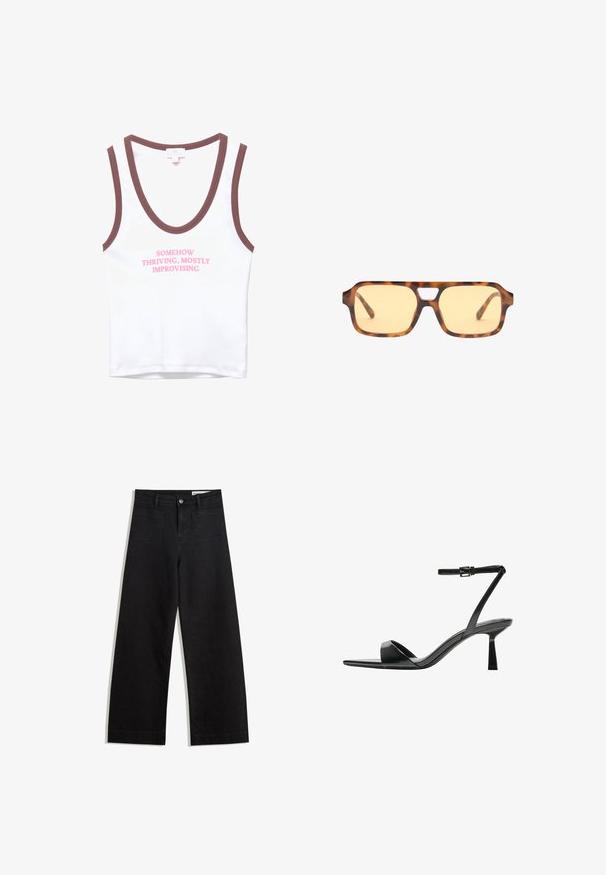 Top senza maniche bianco con rifiniture marroni, decorato con testo rosa che recita "IN QUALCHE MODO FLORENTI, PER LO PIÙ IMPROVVISANDO". Materiale in cotone morbido, design semplice.; Pantaloni in denim neri a gamba larga con vita alta, dotati di tasche anteriori e posteriori, cuciture a punto, e chiusura con bottone. Texture liscia.; Bershka Sandali con tacco - black; Occhiali da sole tartarugati con lenti giallo-tinte, forma rettangolare e caratteristico taglio del ponte. Le aste testurizzate completano il design.; Borsa a spalla in vernice nera con forma curvata, una tracolla, tasche frontali e dettagli in metallo argentato.