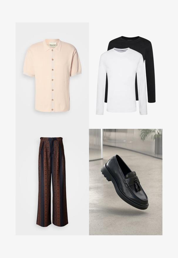 Short-sleeve collared shirt in soft pink, featuring a textured pattern, front button closure with round buttons, and a logo detail at the hem.; Two long-sleeve shirts, one black and one white, made of cotton with crew necks and a smooth texture, displayed in a stacked arrangement.; Wide-leg trousers in dark blue fabric featuring an intricate orange geometric pattern, with pleated front and a fitted waistband.; Black leather loafers with a smooth finish, decorative tassel, thick rubber sole, and stitched accents. Lightweight and sleek design.