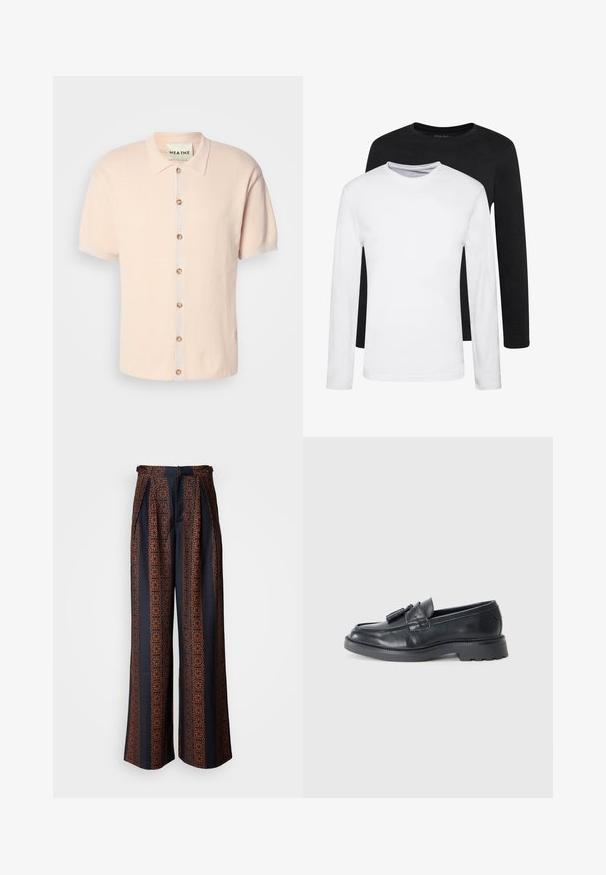 Kortærmet skjorte med krave i blød pink, med et tekstureret mønster, knaplukning foran med runde knapper og et logo-detalje ved kanten.; To lange ærmede skjorter, en sort og en hvid, lavet af bomuld med rund hals og en glat tekstur, vist i en stakket opstilling.; Bredde ben bukser i mørkeblå stof med et indviklet orange geometrisk mønster, med plisseret front og en tætsiddende talje.; Sorte læder loafers med rund tå, en rem med kvaster og en kraftig sål med mønster. Glat tekstur og klassisk design.