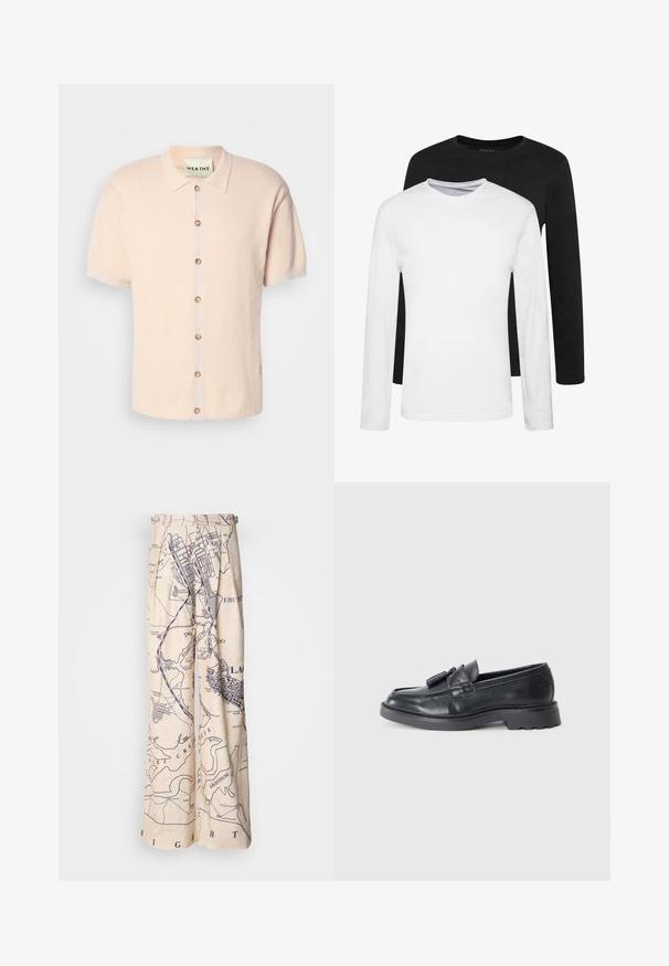 Korte mouw gekraagde shirt in zachtroze, met een textuurpatroon, front knoopsluiting met ronde knopen en een logo-detail aan de zoom.; Twee longsleeves, één zwart en één wit, gemaakt van katoen met ronde hals en een gladde textuur, gepresenteerd in een gestapelde opstelling.; Wijdbeenbroeken met een kaartprint in marineblauw op een beige achtergrond, met geplooide details bij de taille en een relaxte fit.; Zwarte leren instappers met een ronde neus, een band met kwastjes en een chunky zool met een loopvlak. Glad oppervlak en een klassiek ontwerp.