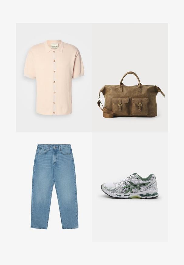 Srajca kratkih rokavov s ovratnikom v mehki roza barvi, ki ima teksturiran vzorec, sprednje zapiranje na gumbe s krožnimi gumbi in podrobnost z logotipom na robu.; Svijetloplavi traper široki traperice s visokim strukom, s pet džepova, petljama za remen i mekom, pomalo izblijedjelom teksturom.; Bele teniške za tek v beli barvi z srebrnimi detajli, zelenim mrežastim ovratnikom in zelenimi črtami. Imajo teksturirano mrežasto zgornji del in oblazinjeno podplat.; Rjav usnjen potovalni kovček z dvema sprednjima žepoma, nastavljivim ramenskim trakom, zlatim okovjem in trdnimi zgornjimi ročaji. Gladka tekstura.