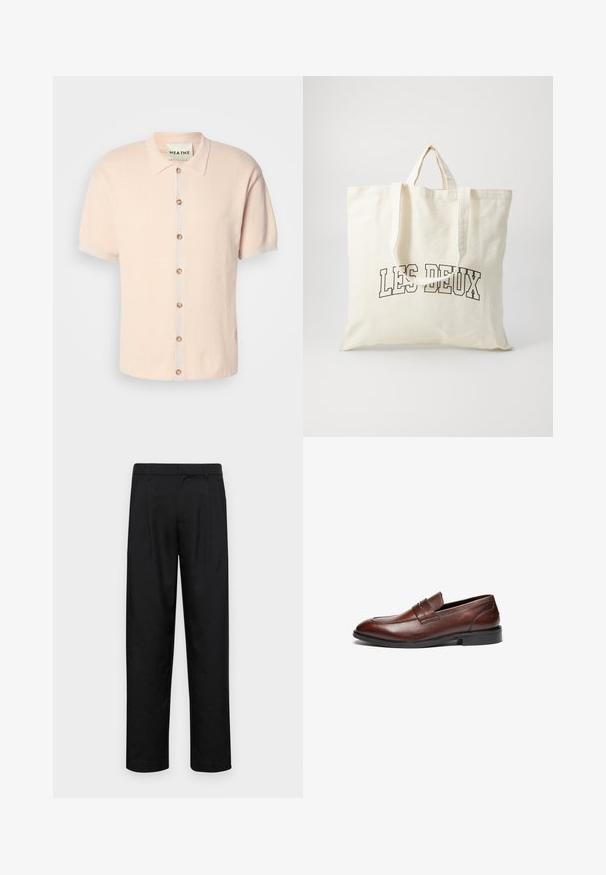 Kurzarm-Hemd mit Kragen in sanftem Pink, mit einem strukturierten Muster, frontaler Knopfverschluss mit runden Knöpfen und einem Logo-Detail am Saum.; Schwarze Hose aus glattem Stoff, mit geradem Bein Design, zwei vorderen Falten und einem Standardbund mit Gürtelschlaufen.; Braune Lederloafer mit glatter Oberfläche, abgerundeter Spitze, dekorativem Riemen und schwarzer Gummisohle. Merkmale sind minimale Nähte.; Leinene Tragetasche in Off-White, mit kurzen Henkel und dem aufgedruckten Text "LES DEUX" in fetten schwarzen Buchstaben. Strapazfähiges, schlichtes Design.