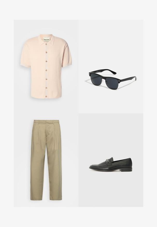 Korte mouw gekraagde shirt in zachtroze, met een textuurpatroon, front knoopsluiting met ronde knopen en een logo-detail aan de zoom.; Beige, hoge taille broek met een rechte snit, voorzien van een platte voorkant, zijzakken en een gladde, gestructureerde stof.; Zwarte leren instapper met een gladde afwerking, voorzien van een gestikt ontwerp en een decoratieve metalen kettingaccent over de wreef. Platte hak.; Zwarte zonnebril met een rechthoekige vorm, donkere lenzen, zilveren accenten bij de slapen en een matte afwerking op het montuur.