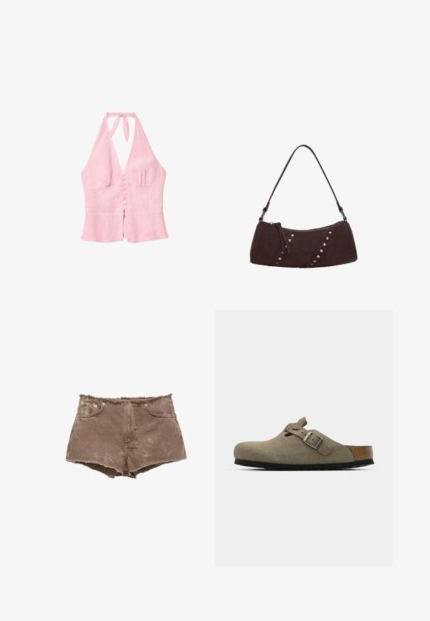 Różowa lniana bluzka na ramiączkach z dekoltem w kształcie litery V, z guzikami z przodu i wiązaniem przy szyi. Prosty design i teksturowana tkanina.; Brązowe szorty dżinsowe z postrzępionym dołem, pięcioma kieszeniami i metalowymi guzikami. Materiał wydaje się lekko zniszczony, o fakturowej powierzchni.; Zamszowe klapki w jasnym oliwkowym kolorze z formowaną korkową i gumową podeszwą. Posiadają boczny pasek z metalowym sprzączką oraz zaokrąglony czubek.; Brązowa torebka z syntetycznej skóry o zakrzywionym kształcie, zapięcie na zamek błyskawiczny oraz dekoracyjne srebrne ćwieki po jednej stronie. Posiada krótką rączkę na ramię.
