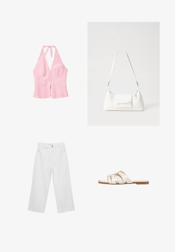 Lyserød linned halterneck-top med V-hals, der har en knaplukning foran og en snøring om halsen. Enkel design og struktureret stof.; Hvide bukser med bred benvidde lavet af denim med høj talje, der har fem lommer og metalhardware. Glat tekstur, uden synlige mønstre.; Flade sandaler med en lys gummisål, designet med tre overlappende hvide læderremme og en lille sløjfe detalje i midten.; Hvid syntetisk håndtaske med en trekantet form, flad forsideklap og sløjfedetalje, justerbar strop, glat tekstur og minimalistisk design.