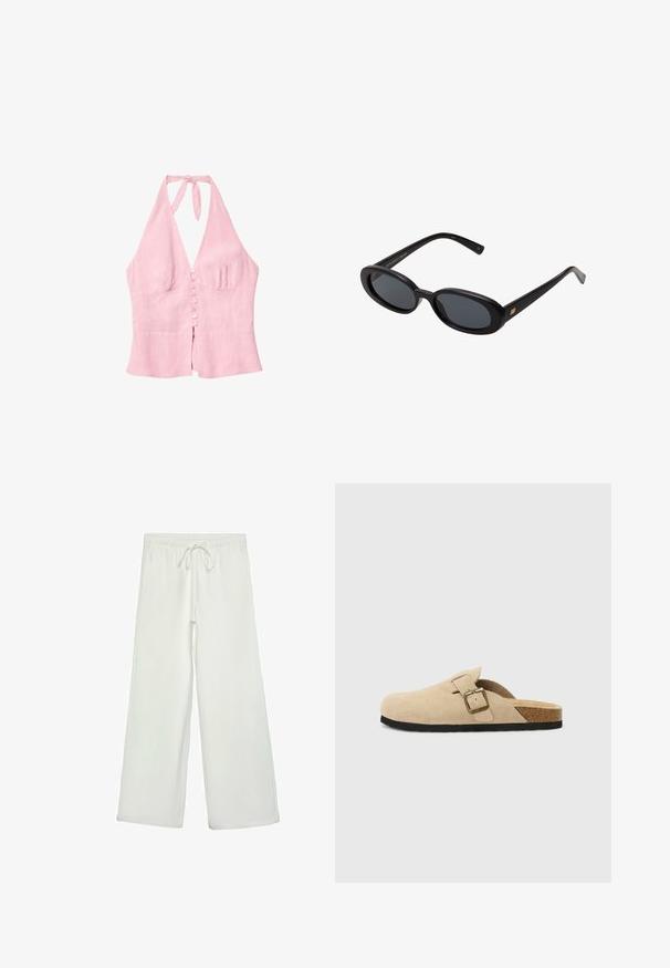 Top halter in lino rosa con scollo a V, caratterizzato da una chiusura a bottoni sul davanti e un laccio al collo. Design semplice e tessuto texturizzato.; Pantaloni bianchi a gamba larga realizzati in un tessuto morbido. Presentano un elastico in vita con cordino e una consistenza liscia. Senza motivi visibili o accessori.; Zoccoli beige in suede con piede in sughero, punta rotonda e una semplice fascia con una fibbia dorata. Suola in gomma per una buona aderenza.; Occhiali da sole neri oversize con lenti ovali, montatura in plastica liscia e accenti dorati sulle tempie. Le lenti scure offrono protezione dal sole.