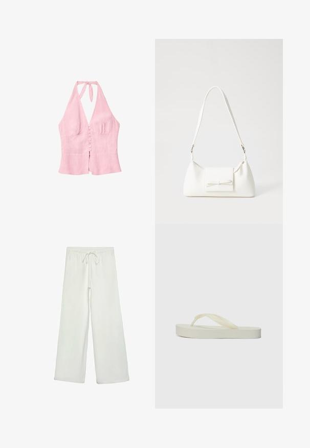 Pink linen halter top with a V-neck, featuring a button closure down the front and a tie at the neck. Simple design and textured fabric.; White wide-leg pants made of soft fabric. Features an elastic waistband with a drawstring and a smooth texture. No visible patterns or hardware.; Light cream flip-flop with a flat sole, thick textured straps, and a smooth finish. Soft material, minimalistic design, and no prominent branding.; White synthetic handbag with a triangular shape, flat front flap and bow detail, adjustable strap, smooth texture, and minimalistic design.