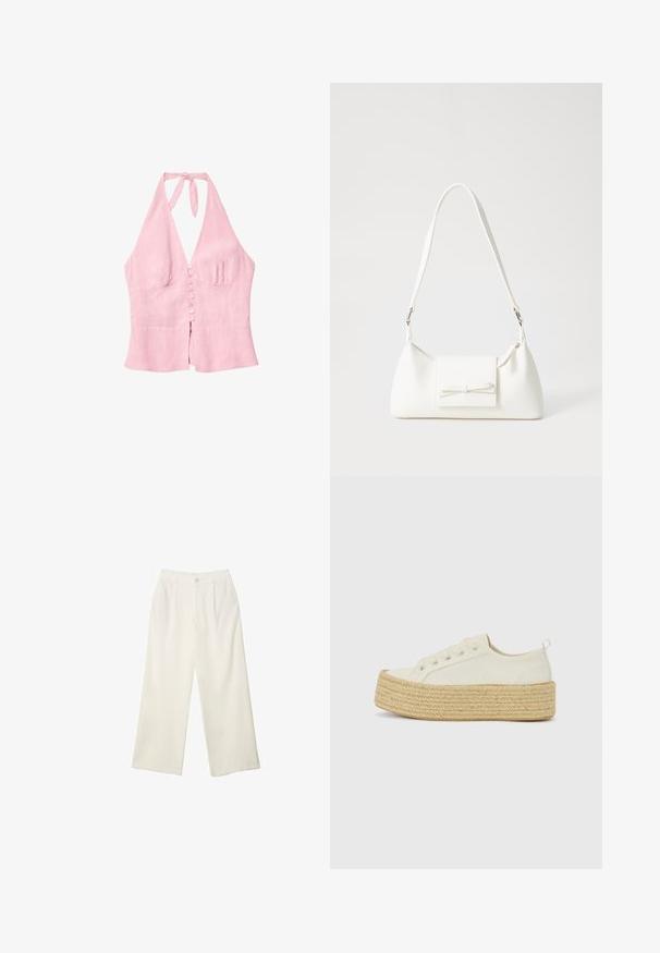 Ružový ľanový halter top s V-výstrihom, s gombíkovým zapínaním vpredu a viazaním na krku. Jednoduchý dizajn a štruktúrovaná tkanina.; Široké nohavice z krémovej látky s hladkou textúrou, s jedným predným gombíkom, jemnými skladmi a vysokým pásom.; Platformové tenisky v slonovinovej hrubej plátne s textúrovanou tkanou jute podrážkou. Obsahuje kovové očká a ploché šnúrky. Zaoblený dizajn špičky.; Biela syntetická kabelka s trojuholníkovým tvarom, plochým predným klapkou a detailom mašle, nastaviteľným popruhom, hladkou textúrou a minimalistickým dizajnom.