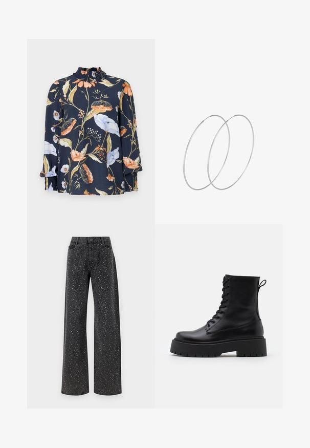 Duga tamnoplava bluzica s dugim rukavima i cvjetnim uzorcima u narančastoj, bijeloj i zelenoj boji. Ima nabran ovratnik i elastične manžete. Mekana tekstura tkanine.; Noisy May NMJANNEL LOOSE - Traperice opuštenog kroja - black denim; Crne kožne gležnjače s okruglim vrhom, vezanjem sprijeda i debelim gumenim potplatom s teksturiranim uzorkom. Tipa: traka za vuču na stražnjoj strani.; Srebrne okrugle naušnice s minimalističkim dizajnom. Kružni oblik, glatka tekstura i tanak profil. Lagane s poliranim završetkom.