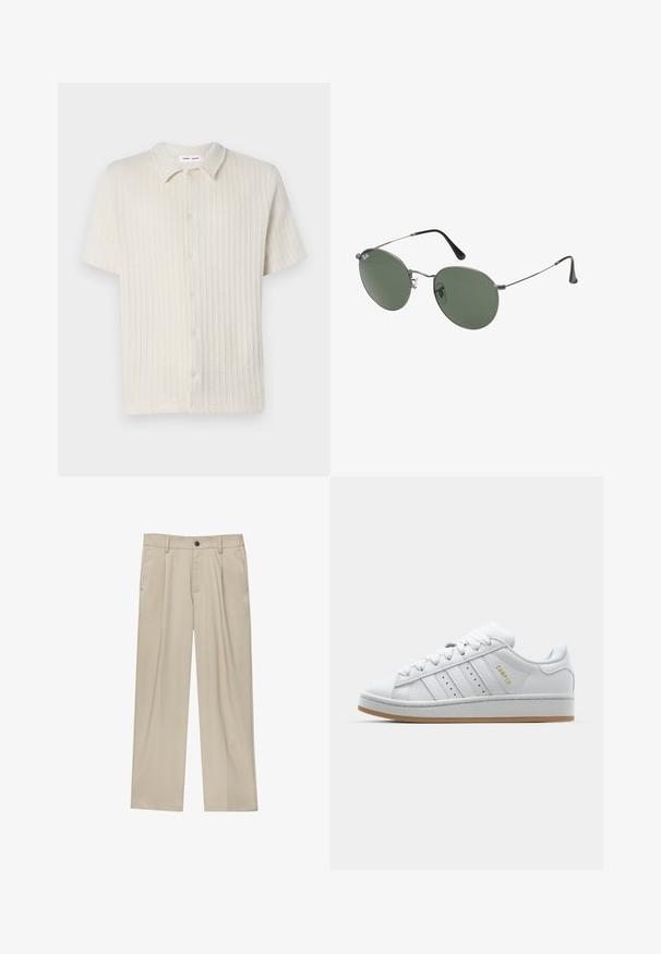 Rövid ujjú, gombos ing világos bézs színben, texturált bordázott mintával és klasszikus gallérral. Puha, lélegző anyagból készült.; Fehér pamut póló rövid ujjakkal, kerek nyakkivágással és laza szabással. Simább textúra, látható minták vagy kiegészítők nélkül.; Beige egyenes szárú nadrág, egy fekete gombbal, övhurkokkal és oldalzsebekkel. Sima szövettextúra és minimális design.; Fehér sneaker perforált háromsávos dizájnnal, texturált akcentusokkal, gumitalppal és arany "CAMPUS" logóval az oldalon.; Fémkeretes napszemüveg ovális zöld lencsékkel. Vékony ezüst színű fémkeret és fekete fülrész. Minimalista dizájn, látható logók nélkül.