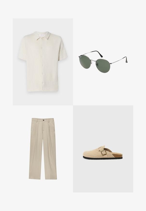 Camicia a maniche corte con bottone, di colore beige chiaro, con un motivo a coste testurato e colletto classico. Realizzata in tessuto morbido e traspirante.; T-shirt bianco a maniche corte realizzato in cotone, con scollatura rotonda e vestibilità rilassata. Texture liscia, senza motivi o dettagli visibili.; Pantaloni beige a taglio dritto, con un solo bottone nero, passanti per la cintura e tasche laterali. Tessuto dalla texture liscia e design minimale.; Zoccoli beige in suede con piede in sughero, punta rotonda e una semplice fascia con una fibbia dorata. Suola in gomma per una buona aderenza.; Occhiali da sole con montatura in metallo e lenti verdi ovali. Montatura sottile in metallo argento e terminali neri. Design minimalista, senza loghi visibili.