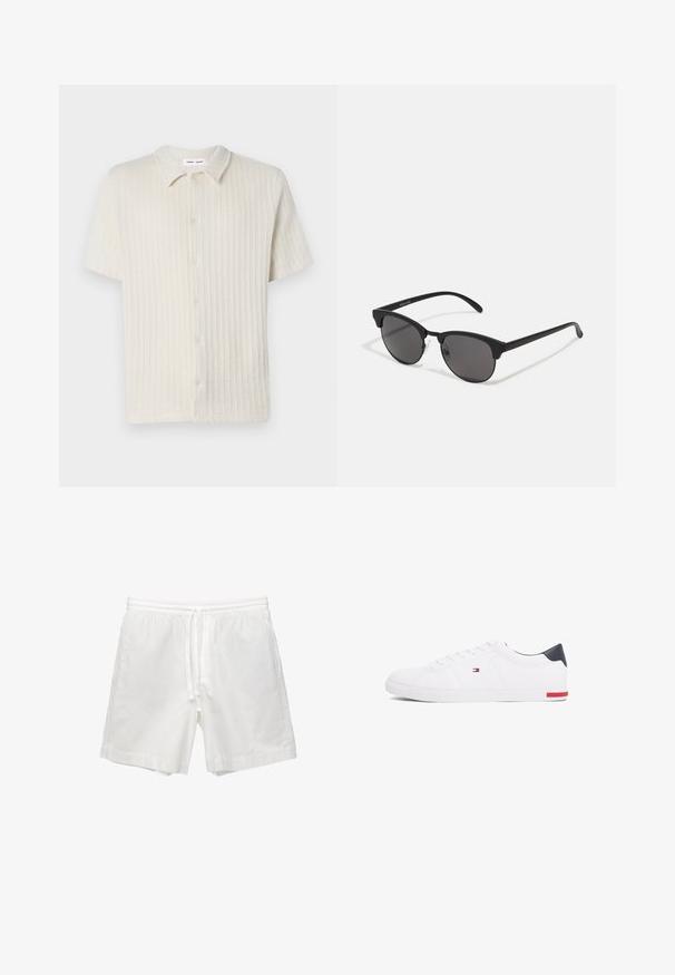 Kurzärmliges, knöpfbares Hemd in hellbeige mit strukturiertem, geripptem Muster und klassischem Kragen. Hergestellt aus weichem, atmungsaktivem Material.; Weiße Baumwollshorts mit elastischem Bund und Kordelzug, Seitentaschen und geradem Schnitt mit sauberen Säumen.; Weißes Low-Top-Sneaker aus glattem Leder. Mit einem marineblauen Fersenstück und einem roten Akzent an der Sohle. Sechs Ösen für die Schnürsenkel.; Schwarze Sonnenbrille mit runden Gläsern, matter Oberfläche und markanter Cat-Eye-Form. Schlanke Bügel mit dezenter Markenkennzeichnung am linken Schläfenstück.