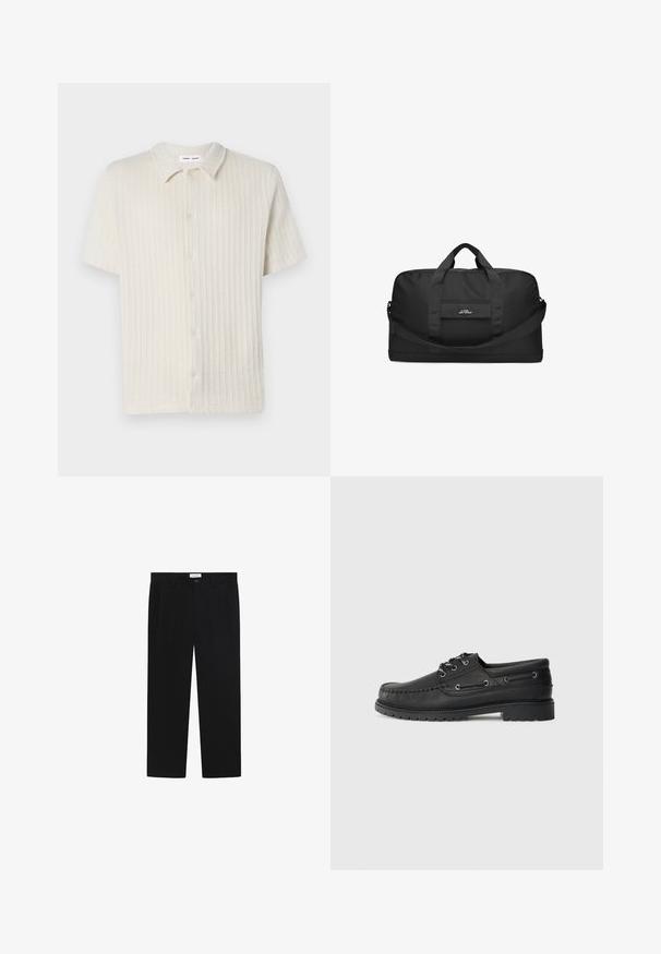 Kortærmet, knap-op skjorte i lys beige med et struktureret ribbet mønster og en klassisk krave. Lavet af blødt, åndbart stof.; Sorte bukser med lige ben, forlommer og knaplukning. Fremstillet af et glat stof med en elegant finish.; Sorte læder bådsko med tyk gummisål, snørebånd foran og dekorative sideøjer på en ensfarvet lys grå baggrund.; Sort duffel taske lavet af holdbart stof, med to håndtag i toppen, en aftagelig skulderrem og en frontlomme med branding.