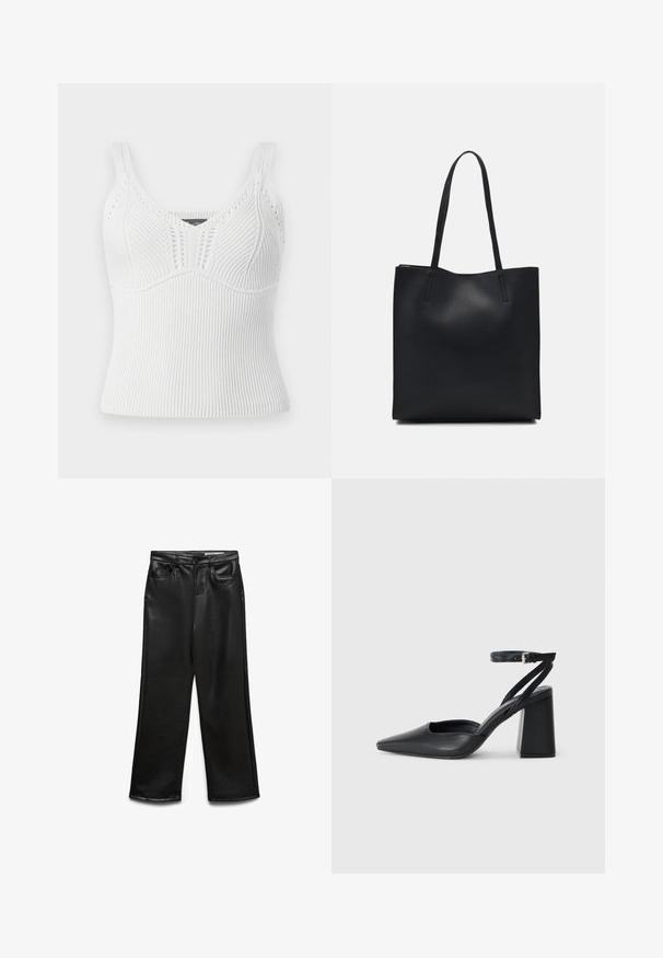 Top de tirantes gruesos de punto blanco con textura, presenta un patrón texturizado y una silueta ajustada, diseñado para un ajuste ceñido.; Pantalones de pierna ancha de cuero sintético negro con bolsillos frontales, trabillas para cinturón y un brillo sutil. Textura suave y ajuste entallado.; Zapato de tacón puntiagudo de cuero negro con tira en el tobillo y tacón ancho. Textura plana, diseño elegante y estética minimalista.; Bolso tote de cuero negro con textura lisa, forma rectangular y dos asas largas. Sin herrajes ni adornos visibles.