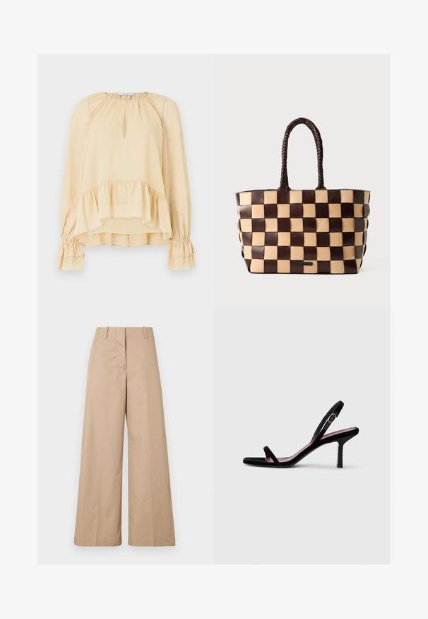 Pikendustega beež pluus, millel on peened sädelused, võtiauk kaelus, volangist alläär ja volangiliste varrukate mansetid, lihtsal taustal.; Bežid laiused püksid siledast puuvillast kangast, millel on kohandatud vöökoht ja lame esiosa, kujundatud mugavaks istuvuseks ja puhaste joontega.; Mustmust naiste kõrge kontsaga sandaalid mustast nahast kitsaste rihmadega ja kullavärvi pandlaga valgel taustal, külgvaade.; Pruun ja beež nahast kott, millel on kootud ruuduline muster ja punutud sangad valgel taustal.