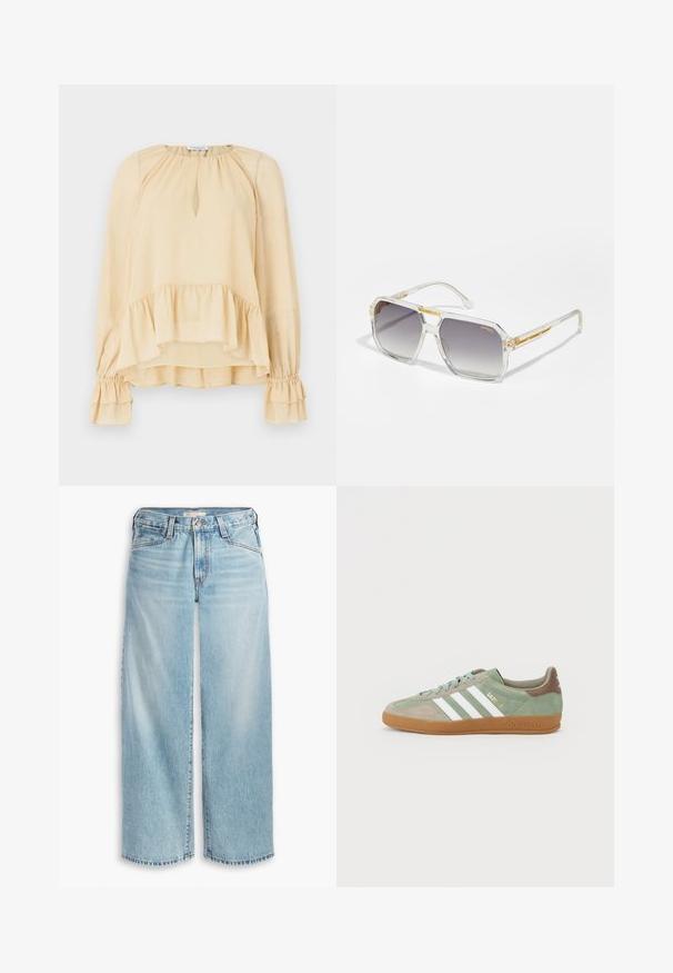 Langærmet beige bluse med diskrete glimt, hjerteformet udskæring, flæset kant og samlede flæseærmer på en ensfarvet baggrund.; Lys blå brede jeans lavet af denim, med høj talje, knaplukning og frynsede kanter. Synlig syning og lommer.; Grønne ruskinds sneakers med tre hvide striber, gummisål og gyldne "Gazelle" bogstaver på siden. Texturerede paneler og snørebånd.; Carrera VICTORY UNISEX - Solbriller - transparent; Guldtekstureret taske med en glat læderrem, der har en lynlåslukning og et diskret logomønster trykt på overfladen.