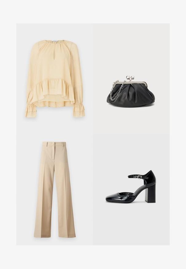 Pikendustega beež pluus, millel on peened sädelused, võtiauk kaelus, volangist alläär ja volangiliste varrukate mansetid, lihtsal taustal.; Kreemikad laiad püksid, mis on valmistatud siledast kangast, millel on tasapinnaline esiosa koos voldikutega, lukuga esiosa ja vöökohale silmused. Üldine puhas istuvus.; Mustad lakknahk kingad kõrge kontsaga, ruudukujulise varbaga, pahkluu rihmaga ja paksu kontsaga. Sisaldab perforatsioonidega detaile ääres.; Musthave musta nahast käekott, millel on volditud tekstuur, hõbedane metallraam, lukustatud sulgemismehhanism ja kett. Sile ja pehme pind.