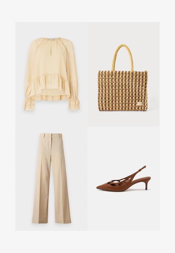 Gaišbeige ilgu piedurkņu blūze ar smalkām spīdīgām detaļām, atslēgas formas kakla izgriezumu, viļņotu apakšmalu un salocītām viļņotām aprocēm uz viendabīga fona.; Bēža platā kāju bikses, izgatavotas no gludas auduma, ar plakanu priekšpusi un krokām, ar rāvējslēdzēja aizdari un jostu cilpām. Visā garumā pielāgota piegriezuma.; Brūnas ādas sandalēm ar atvērto papēdi, ar norādītu pirkstu, izgrieztu dizainu un izšuvuma detaļām. Tam ir tievs papēdis un regulējama josta.; Auduma soma brūnā un dzeltenā krāsā, ar taisnstūra formu, divām rokturu siksnām un teksturētu apdari ar redzamām šuvēm un zīmola birku.