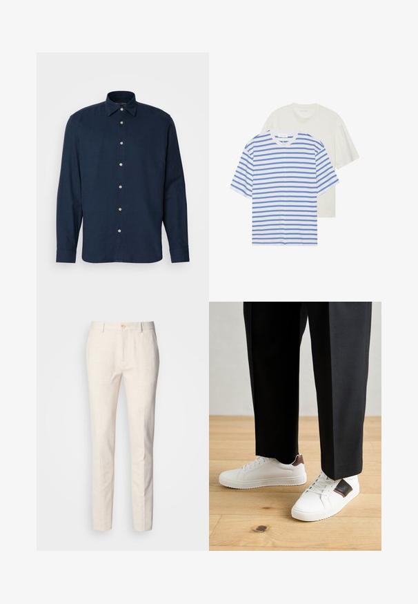 Marc O'Polo KENT COLLAR LONG SLEEVES NO POCKET ROUND HEM - Hemd - total eclipse; Zwei kurzärmlige T-Shirts: eines weiß mit blauen Streifen und eines in einfarbig hellem Creme. Aus weichem Baumwollmaterial, mit Rundhalsausschnitt und lockerer Passform.; Hellbeige, maßgeschneiderte Hose aus weichem Stoff. Mit Knopfverschluss, Gürtelschlaufen und einem schlanken, geraden Bein-Design mit minimaler Textur.; Weiße Sneakers mit glatter Textur, versehen mit braunen Lederakzenten und schwarzen Details, kombiniert mit schwarzen maßgeschneiderten Hosen. Hintergrund aus Holzboden.