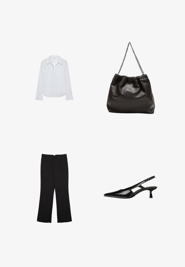 Biała koszula z długim rękawem, z kołnierzykiem, zapinana na guziki, z dwoma kieszeniami na piersi, prostym dołem i nieco rozszerzającymi się rękawami, wykonana z gładkiego materiału.; Czarne spodnie o prostym kroju, z przednimi kieszeniami i bocznymi rozcięciami na dole. Wykonane z miękkiego, gładkiego materiału. Odpowiednie na różne okazje.; Czarne lakierowane czółenka na odkrytej pięcie z wąskim noskiem, z wykrojem po bokach i małym kwadratowym obcasem. Gładka faktura z minimalnymi akcentami.; Brązowa skórzana torba z marszczonym szczytem i łańcuszkowym paskiem. Gładka tekstura z błyszczącym wykończeniem i subtelnymi detalami szwów po bokach.