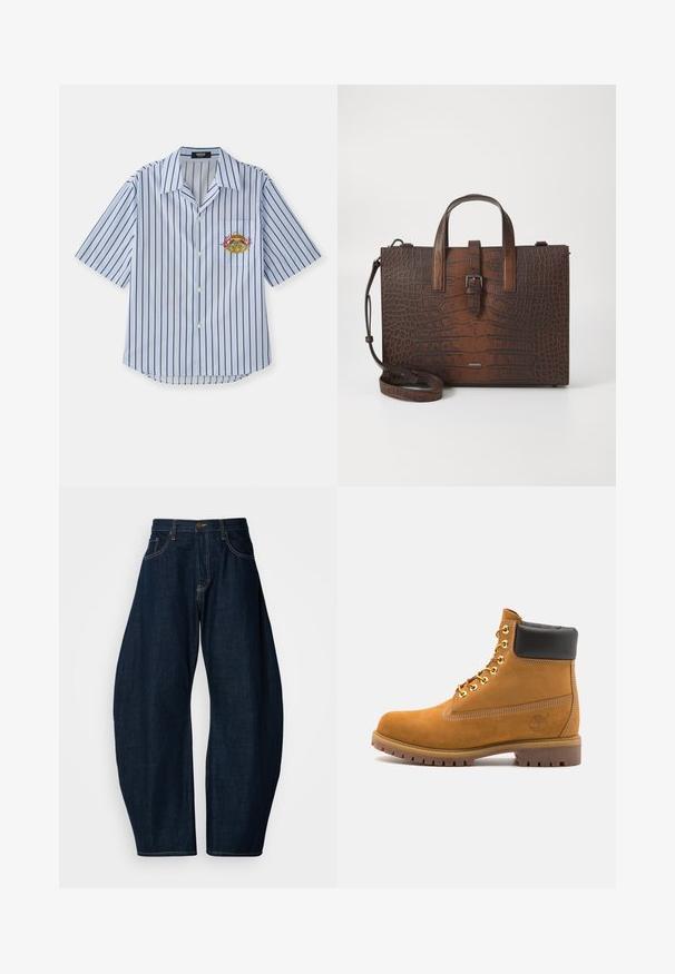 Mėlyno ir balto raštuoto marškinėlių trumpomis rankovėmis modelis su saga pritvirtinta priekyje, krūtinės kišenė ir siuvinėtu krabu. Minkšta medžiaga, laisvas siluetas.; Tamsiai mėlynos džinsinės kelnės su plačiomis kojomis, pasižyminčios ryškiu siuvimu, penkiomis kišenėmis ir žalvariniu mygtuko užsegimu juosmenyje.; Tan spalvą turintys suknelės batus iki kulkšnies su juodu paminkštintu apvadu, auksiniais metaliniais akių užsegimais, baltais siūlų dekoratyviniais elementais ir tvirtu guminiu padu su ryškiai išreikštais raštais.; Rudos krokodilo rašto odos rankinė su viršutinėmis rankenomis ir nuimamu peties dirželiu. Yra sagties užsegimas ir stačiakampis pavidalas.