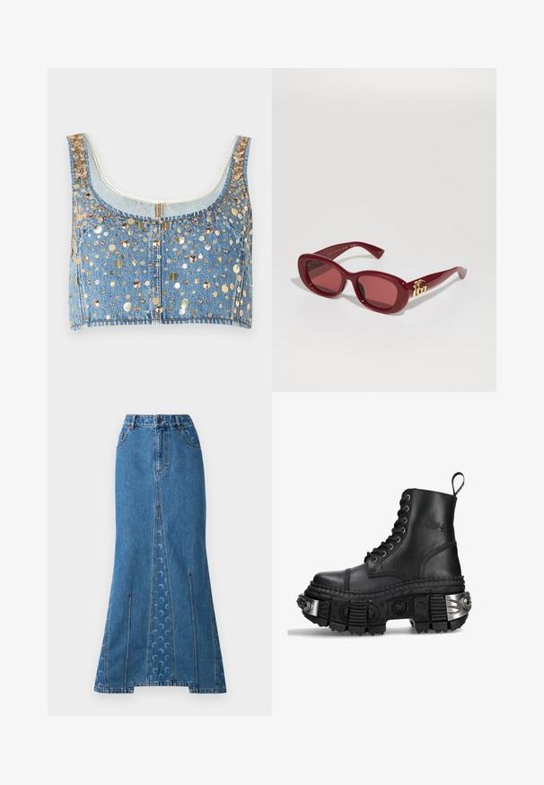 FRAME THE CHAMPAGNE - Débardeur - gold coloured; Jupe maxi en denim bleu moyen avec une taille ajustée, une silhouette droite, des coutures rouges contrastantes et un motif circulaire subtil au dos.; Botte de combat en cuir noir, avec tige haute, bout rond, semelle épaisse texturée, accents en métal argenté et motif de semelle distinctif.; Lunettes de soleil en plastique rouge avec des montures rectangulaires, des verres teintés et un accent de logo doré sur les branches. Fini lisse et brillant.; Sac à main en cuir orange, de forme demi-lune, avec une bandoulière fine et des finitions dorées. Dispose d'une fermeture éclair et du nom de la marque embossé à l'avant.; Collier en chaîne dorée avec un pendentif central en forme de dôme, accent croix et strass clairs tout au long.