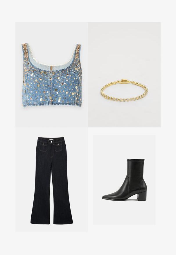 FRAME THE CHAMPAGNE - Top - gold coloured; Biely top bez ramienok z jemnej látky, ktorý sa vyznačuje hladkou textúrou, priliehavým strihom a diskrétnym nariasením v oblasti poprsia.; Rozšírené tmavé denimové džínsy s vysokým pásom, dvoma prednými vreckami a oranžovým prešívaním. Materiál sa zdá byť pevný a hladký.; Čierne členkové topánky vyrobené z hladkej kože, s špicatou špičkou, blokovým podpätkom a výrazným zvýšeným švom na hornom okraji.; Zlatý kovový náramok s okrúhlymi jasnými rhinestonmi v jednotnom vzore, s uzáverom na jednej strane. Hladký povrch a lesklý finiš.