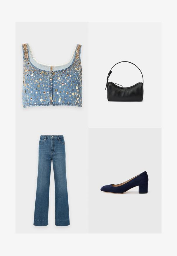 FRAME THE CHAMPAGNE - Top - gold coloured; Wide-leg blue denim jeans feature a high waist, five-pocket design, and a frayed hem. The fabric has a smooth texture with slight fading.; Navy blue suede pump with a pointed toe and a mid-height block heel. Smooth texture with a subtle sheen and a small cutout at the front.; Black leather shoulder bag with a curved design, zip closure, and a slim strap. Features a smooth texture and subtle stitching details.