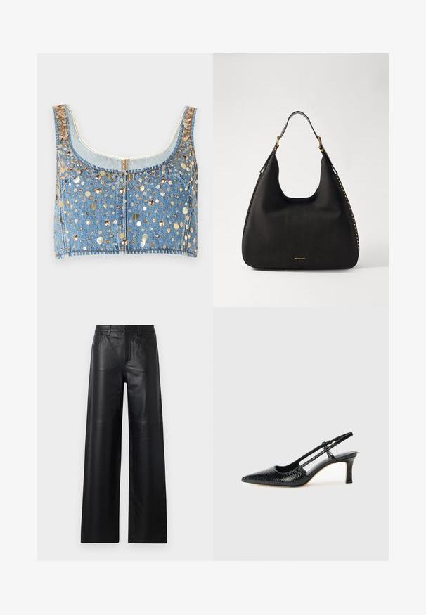 FRAME THE CHAMPAGNE  - Top - gold coloured; Pantaloni in pelle nera a gamba larga con una texture liscia, dotati di tasche frontali, chiusura a bottone e dettagli di cucitura sottili.; Slingback con tacco in vernice nera con punta affusolata, caratterizzato da una stampa a serpente testurizzata, cinturino regolabile e un tacco corto e testurizzato.; MICHAEL Michael Kors NOLITA HOBO  - Borsa a mano - black