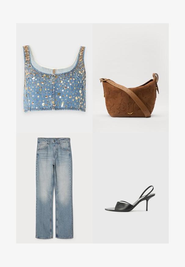 FRAME THE CHAMPAGNE - Débardeur - gold coloured; Jeans en denim bleu clair avec une coupe droite, présentant une taille haute, un design à cinq poches, et un léger délavage au niveau des cuisses et des genoux.; Escarpins en cuir noir à talon décolleté, avec un bout pointu, une fine bride de cheville et un talon aiguille. Présente un détail noué sur le devant.; Sac à épaule en suede marron avec un motif floral en relief, complété par une bandoulière en cuir marron lisse et des accents en métal doré.