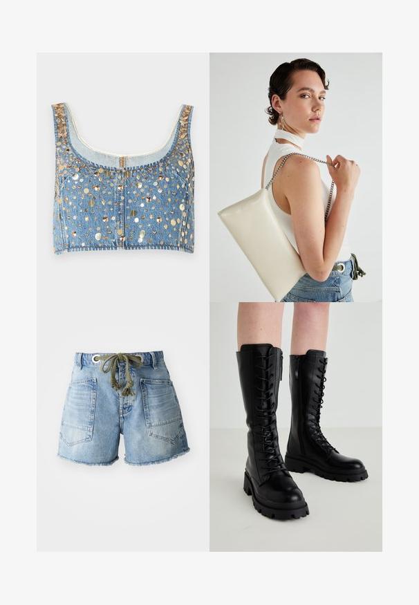 FRAME THE CHAMPAGNE - Débardeur - gold coloured; Shorts en denim bleu clair avec un ourlet effiloché. Ils disposent de deux poches arrière et d'un cordon de serrage avec des œillets en argent pour un ajustement réglable.; Bottes noires en cuir montantes avec un lacet à l'avant, fermeture éclair sur le côté, semelle en caoutchouc épaisse et détails texturés sur le dessus.; Pochette rectangulaire blanche en matériau brillant, avec une bandoulière en chaîne argentée. Le modèle pose en mettant en valeur le sac contre un fond uni.