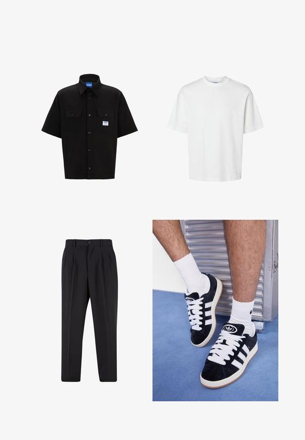 Zwarte korte mouwen shirt met een gestructureerde kraag, twee voorzakken, knoopsluiting en een klein blauw-wit logo label aan de linkerkant.; Witte katoenen t-shirt met korte mouwen, ronde hals en een relaxed fit. Gladde textuur zonder zichtbare patronen of accenten.; Zwarte broek met een geplooid design aan de voorkant, gemaakt van soepel stof. Voorzien van een knoopsluiting en riemlussen; rechte pasvorm.; Zwarte suède sneakers met witte veters en drie witte strepen. Heeft een cirkelvormig zwart logo op de tong en een gumrubberen zool.