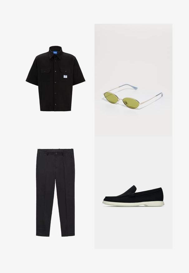 Crna majica s kratkim rukavima, sa strukturiranim ovratnikom, dva prednja džepa, kopčanje na dugmadi i mala plava i bijela oznaka s lijeve strane.; Crne krojene hlače od glatke tkanine, s ravnim prednjim dijelom, petljama za remen i bočnim džepovima. Dizajn ravnog kroja.; Crna cipelica bez vezica s zaobljenim vrhom, s teksturiranim gornjim dijelom, glatkim bijelim đonom i suptilnim detaljem brendiranja sa strane.; Maslinasto zelene sunčane naočale s tankim zlatnim okvirom i plavim detaljima na drškama. Ovalni leće i minimalistički dizajn.