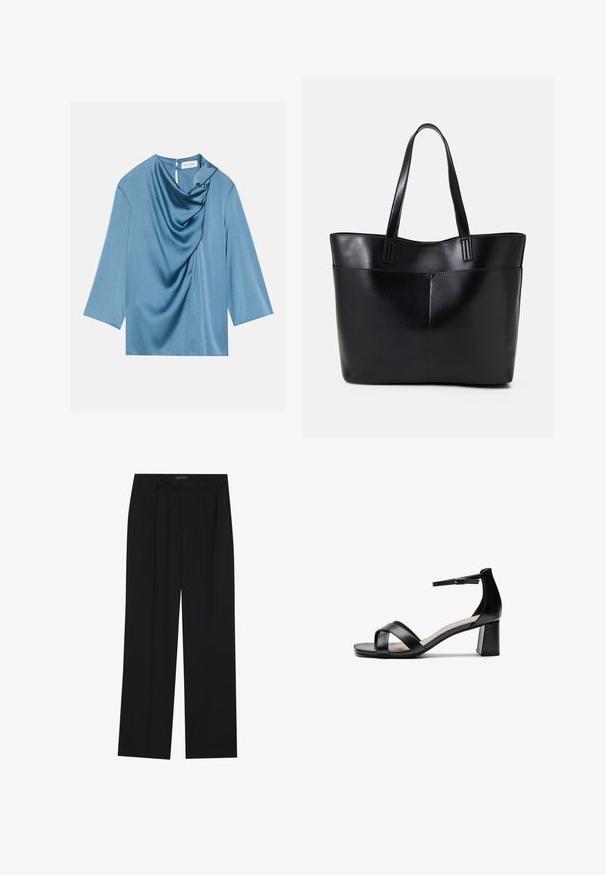 Blå satinblus med draperad framdel, rund halsringning och trekvartslånga ärmar. Slät textur med en subtil lyster och detalj med nyckelhål i ryggen.; Svarta byxor med rak passform, som har två framfickor och midjeband. Tillverkade av ett mjukt, lätt tyg.; Svart öppen tå klacksandaler med korsade remmar, justerbart vristband och en kraftig klack, med en slät lädertextur.; Svart läder tote-väska med två långa handtag, en slät yta och en strukturerad form. Har en framficka för extra förvaring.