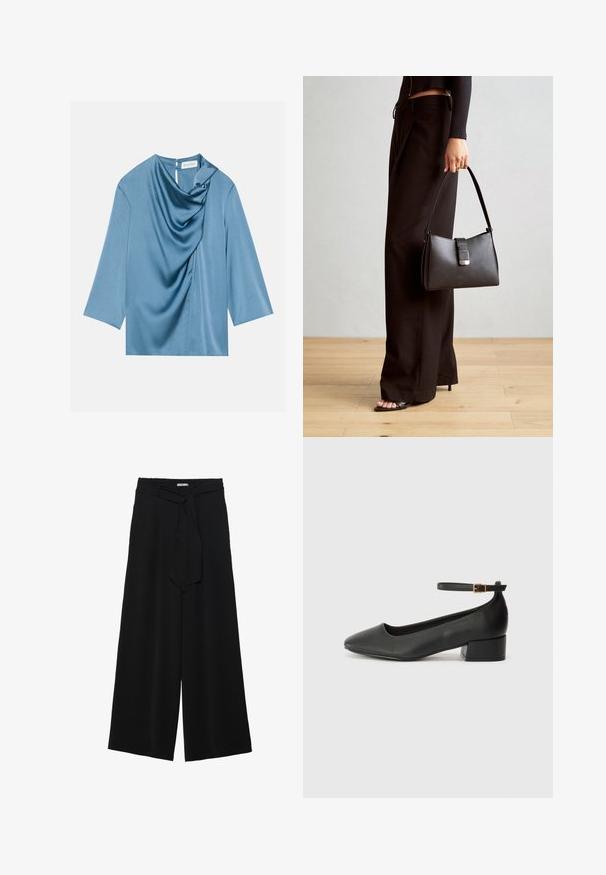 Blue satin blouse with a draped front, round neckline, and three-quarter sleeves. Smooth texture with a subtle sheen and back keyhole detail.; Black wide-leg pants featuring a textured fabric, an elastic waistband, and a detachable sash tie at the waist for adjustable fit.; Black leather pump with a pointed toe and a low block heel. Features an ankle strap with a gold-tone buckle. Smooth texture.; Black handbag with structured shape, smooth texture, and a metallic clasp. Paired with wide black pants and open-toe sandals on wooden floor.