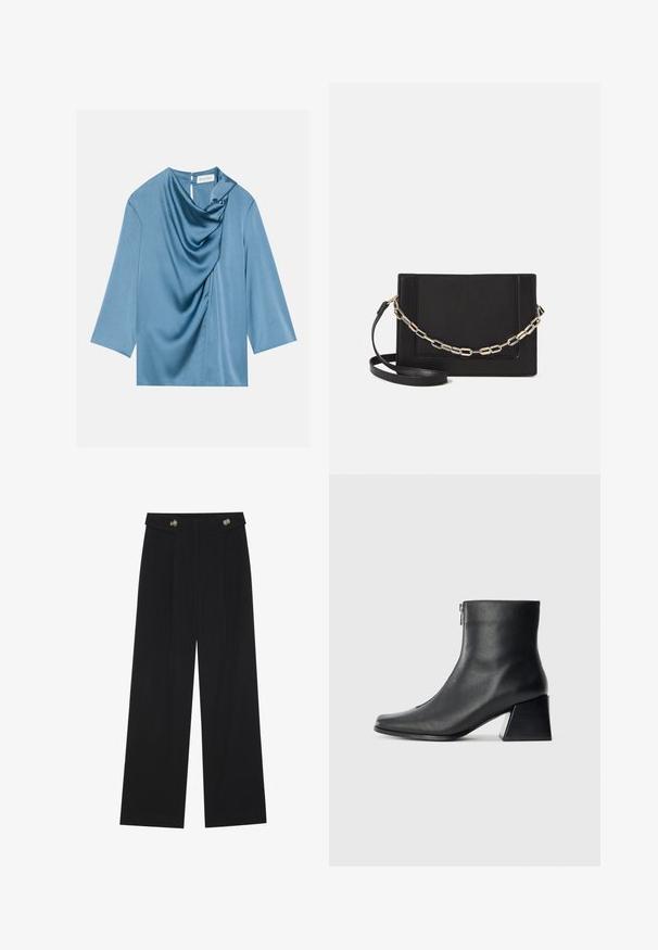 Blue satin blouse with a draped front, round neckline, and three-quarter sleeves. Smooth texture with a subtle sheen and back keyhole detail.; Black wide-leg trousers with high waist, button details on waistband, and front pleats.; Black leather ankle boot with square toe, side zipper, and block heel against plain light background.; Black leather crossbody bag featuring a smooth texture, rectangular shape, and a metallic chain detail on the front. Adjustable strap included.