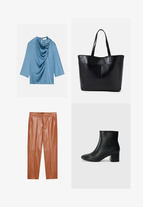 Blaue Satinbluse mit drapierter Vorderseite, rundem Ausschnitt und dreiviertellangen Ärmeln. Glatte Textur mit dezentem Glanz und einem Schlüssellochdetail im Rücken.; Braune Kunstlederhosen mit tailliertem Schnitt, versehen mit vorderen Falten und geraden Beinen. Glatte Textur ohne sichtbare Hardware oder Akzente.; Schwarze Leder-Ankle-Boots mit spitzem Zehenbereich und klobigem Absatz. Glatte Textur mit minimalen Akzenten und einem eleganten, taillierten Design.; Schwarze Leder-Shopper-Tasche mit zwei langen Griffen, einer glatten Textur und einer strukturierten Form. Verfügt über eine Vordertasche für zusätzlichen Stauraum.
