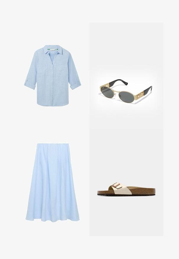 Lys blå skjorte med lange ærmer lavet af et struktureret stof. Har to brystlommer og ærmer, der kan rulles op og sikres med stropper. Knap-lukning foran.; En lyseblå, knælang A-line nederdel lavet af hør, med plisseringer og en glat tekstur uden mønstre eller udsmykninger.; Sandal med slide-design, der har en let metallisk overdel, korkfodbed og tekstureret brun gummisål. Spænde detalje med logoaccent.; Ovale solbriller med en guldfarvet metalramme og grå linser. Har sorte acetatstænger med gyldne accenter og logo-detaljer på siderne.