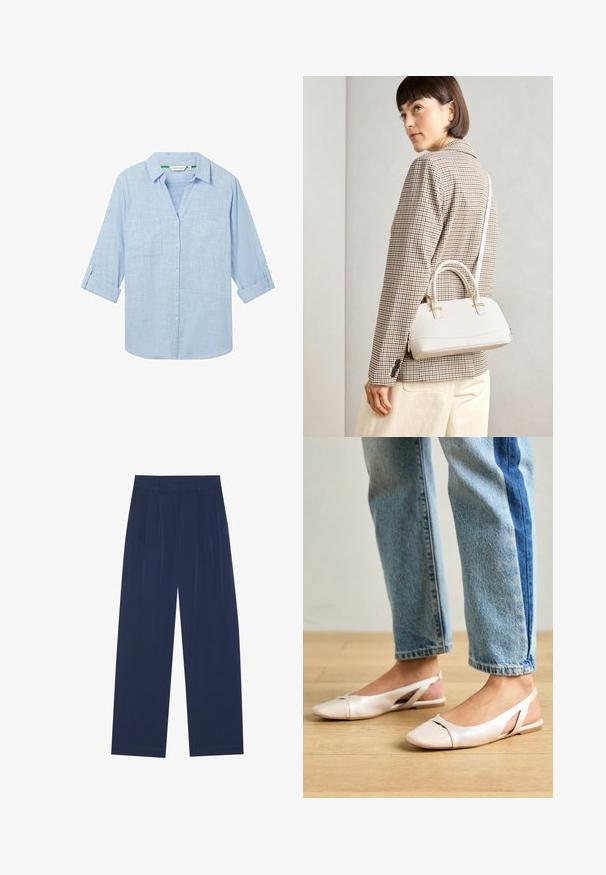 Camicia azzurra chiara a maniche lunghe realizzata in un tessuto testurizzato. Presenta due tasche sul petto e maniche arrotolabili fissate con bottoni. Design con chiusura frontale a bottoni.; Pantaloni a gamba larga blu navy realizzati in tessuto morbido, dotati di pieghe frontali, una texture liscia e una vestibilità dritta senza tasche visibili.; Ballerine slingback rosa pallido con punta affusolata, realizzate in un materiale simile alla pelle liscio. Presentano dettagli a taglio sui lati e un tacco piatto.; Borsa a mano bianca strutturata con manici corti e tracolla, dotata di dettagli in metallo dorato e materiale testurizzato, esposta su uno sfondo grigio.