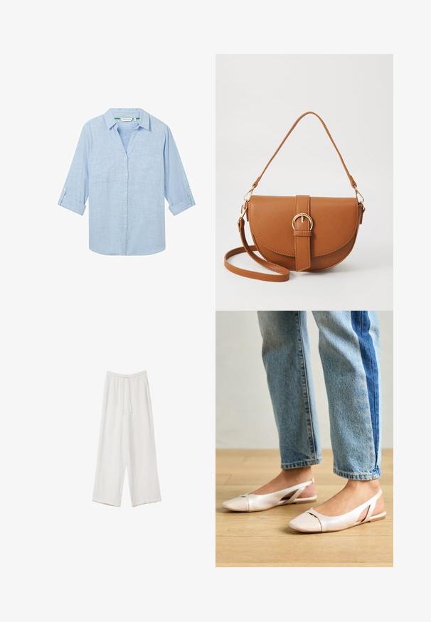 Svetlo modrá, dlhá rukávová košeľa vyrobená z textúrovanej tkaniny. Obsahuje dve náprsné vrecká a rukávy, ktoré sa dajú zrolovať a zabezpečiť páskami. Dizajn so zapínaním na gombíky.; Biele široké nohavice vyrobené z ľahkej tkaniny. Obsahujú elastický pás so sťahovacou šnúrkou a bočné vrecká. Hladká textúra.; Svetloružové slingback baleríny s jemne špicatou špičkou, vyrobené z hladkého materiálu pripomínajúceho kožu. Majú výrezové detaily na stranách a plochý opätok.; Hnedá kožená kabelka cez telo s zakriveným tvarom, zlatými kovovými doplnkami a akcentom s prackou. Obsahuje odnímateľný ramenný popruh.