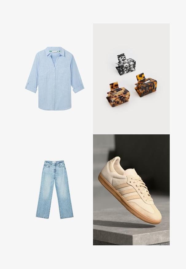 Ljusblå långärmad skjorta i ett strukturerat tyg. Har två bröstfickor och uppvikta ärmar som säkras med flikar. Knappstängning fram.; Ljusblå denim byxor med vida ben och hög midja, med en blekt tvätt och små, utspridda slitna detaljer genom hela plagget.; Ljusbeige mockasneaker med gummisula, tre diagonala ränder och en texturerad tåhuvud. Har logotyp på tungan och sidan.; Tre hårklämmor: en svart-vit marmorerad, två sköldpaddsmönstrade i bruna och svarta nyanser, alla gjorda av glänsande plast med en texturerad yta.