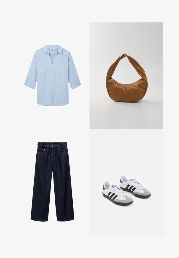 Lichtblauwe, langärmelige shirt gemaakt van een textuurstof. Heeft twee borstzakken en opgerolde mouwen die zijn vastgezet met tabs. Knopen aan de voorkant.; Donkerblauwe wijde jeans van denim. Voorzien van een ceintuurband met meerdere knopen, voorkruiszakken en een nette afwerking aan de zoom.; Sportschoenen met een witte leren bovenkant, grijze suède neus en drie zwarte strepen. Bevat een blauw logo op de tong en een gestructureerde rubberen zool.; Geweven leren handtas in bruin, ovale vorm met een dikke gevlochten handgreep, voorzien van een ritssluiting en een glanzende textuur.
