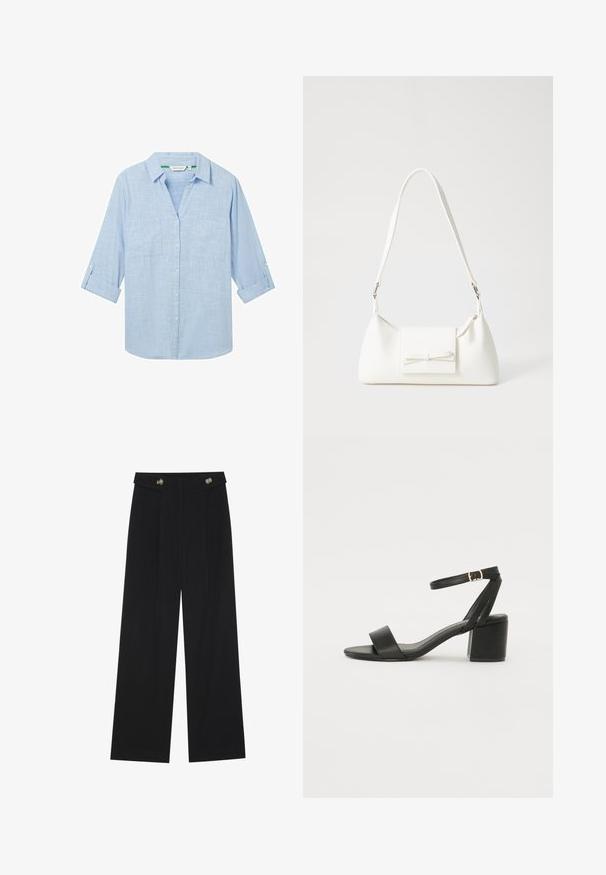 Gaiši zils, garām piedurknēm krekls, izgatavots no teksturēta auduma. Iekļauj divas krūšu kabatas un piedurknes, kuras var sarullēt un nostiprināt ar cilpiņām. Pogājams priekšpuses dizains.; Melnas platās bikses ar augstu jostasvietu, pogu detaļām uz jostas un priekšējām krokām.; Melnas papēžu sērijas sandales ar gludu ādas virsmojumu, atvērtu pirkstu, platām priekšējām siksnām un regulējamu potītes siksnu ar zelta sprādzi.; Balta sintētiska soma ar trīsstūrveida formu, plakanu priekšējo vāciņu un loku detaļu, regulējamu siksnu, gludu tekstūru un minimālistisku dizainu.