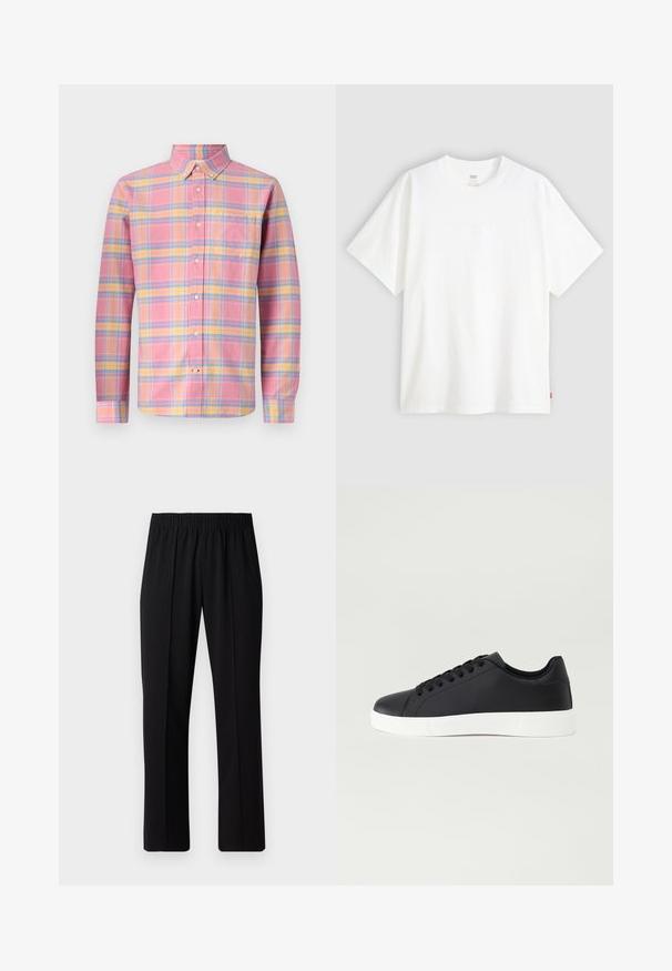 GAP STANDARD  - Chemise - pink madras; T-shirt blanc à manches courtes en coton avec col rond. Présente un détail de logo en relief discret à l'avant et une étiquette rouge à l'ourlet.; Pantalons noirs à taille élastique avec une coupe droite, présentant une texture lisse et sans motifs ni éléments visibles.; Pier One UNISEX - Baskets basses - black